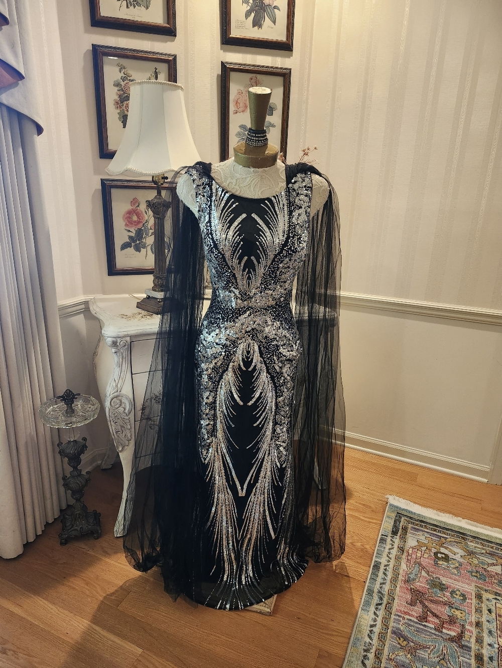 Black Silver Liquid Sequin Red Carpet Evening Gown Dress Show Stopper XL